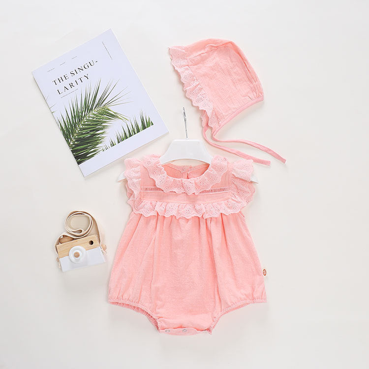 Pink Eyelet Lace Collar Romper & Bonnet Set – Cotton Bubble Bodysuit (0–24M)