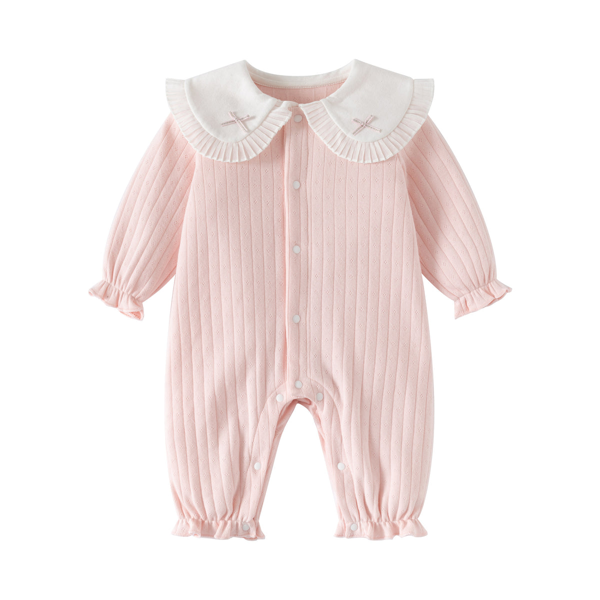Pink Pointelle Peter Pan Collar Sleepsuit – Ruffle Cuff Long Sleeve Romper (0–24M)
