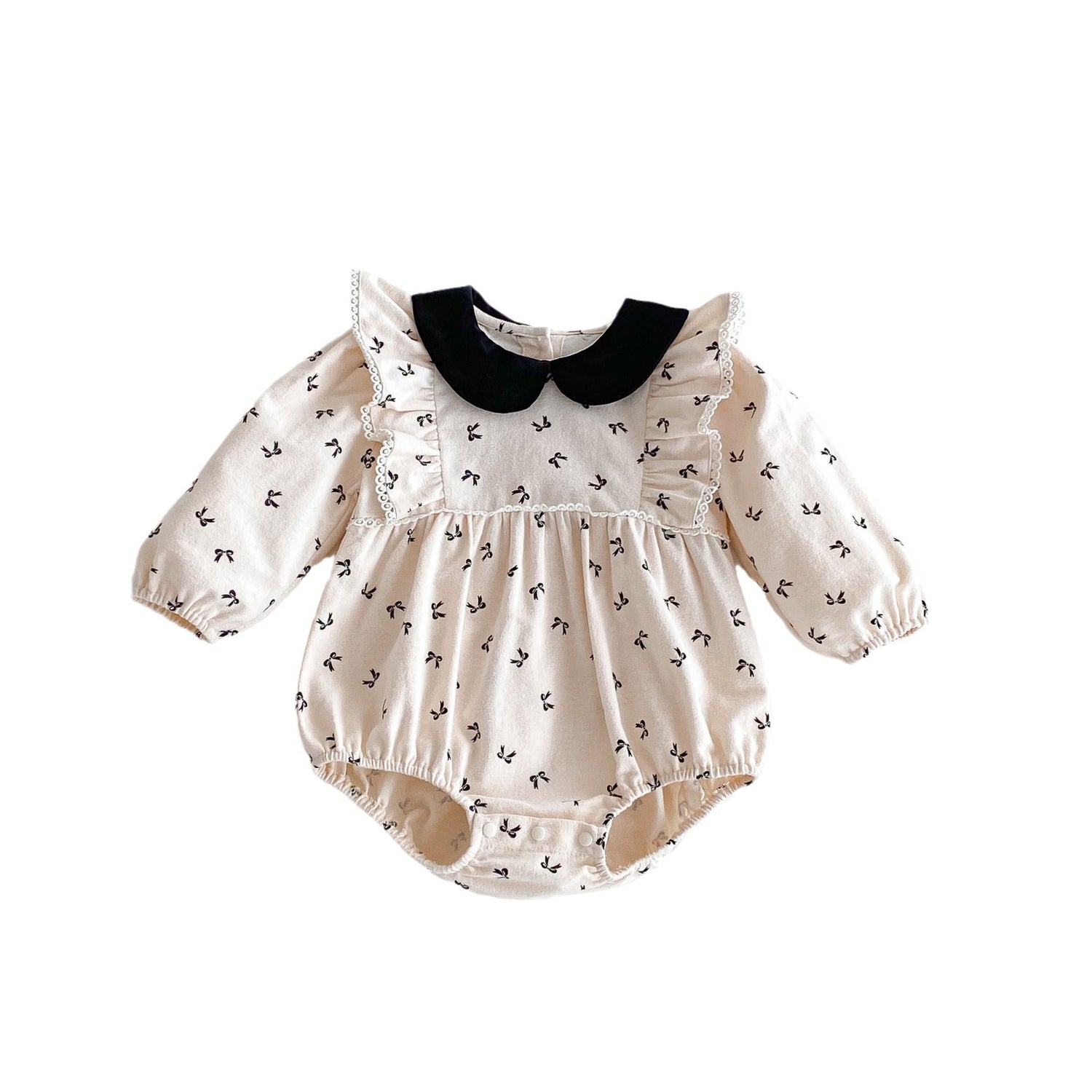 Black Bow Print Peter Pan Collar Romper – Lace Ruffle Long Sleeve Bodysuit (0–18M)