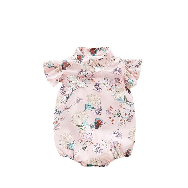 Peony Garden Bubble Romper – Stand Collar Flutter Sleeve Bodysuit with Hair Flower (0–12M)