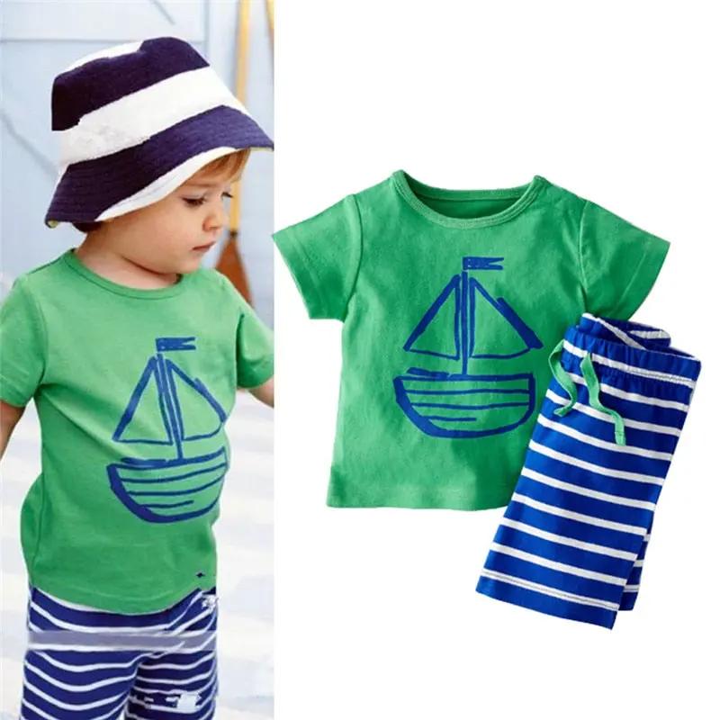 2-Piece Baby Boy Set – Cartoon Cotton T-Shirt & Striped Shorts | Summer Outfit    Mimou Babywear