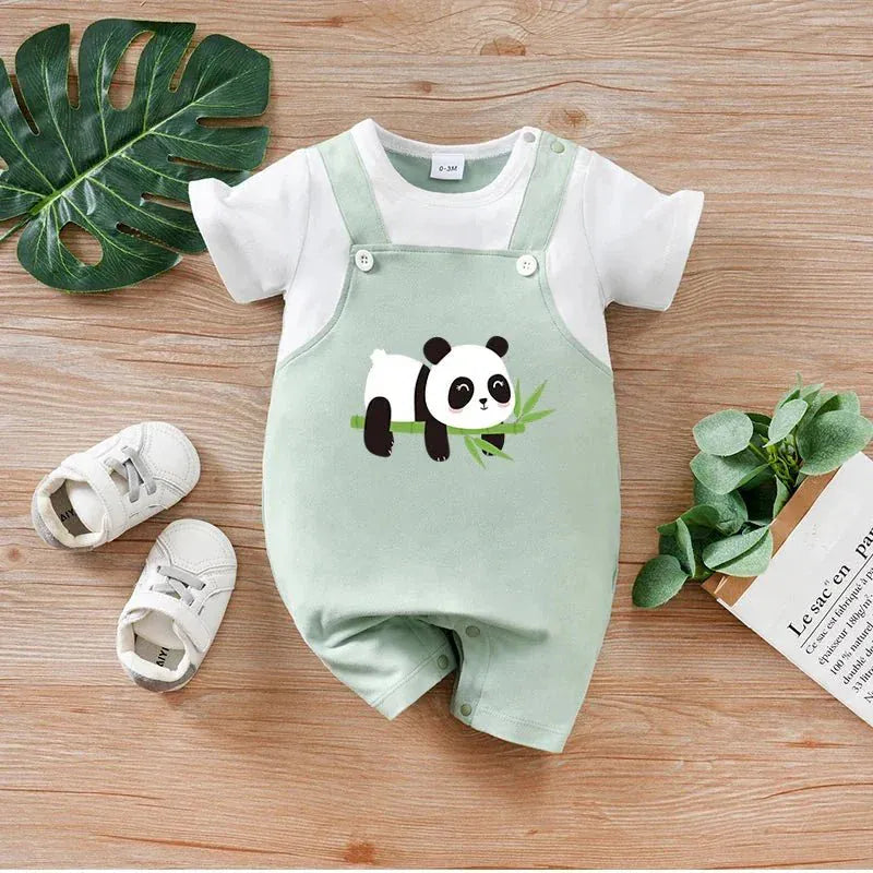 2 - Piece Panda Baby Outfit – Summer Short - Sleeve Romper & Suspender Set (0 - 18M) - Mimou Babywear