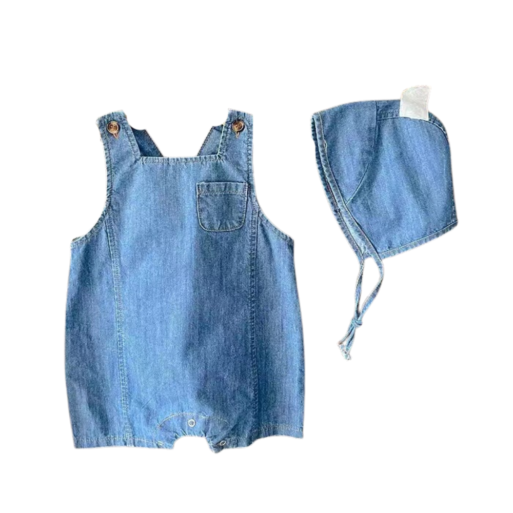 Denim Dungaree Romper & Bonnet Set – Sleeveless Overalls with Matching Hat (0–18M)    Mimou Babywear