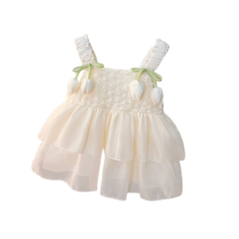 Elfenbeinfarbenes Tüllkleid mit Tulpen-Trägern und Lagen – ärmelloses Sommerkleid für Babys (0–12M)