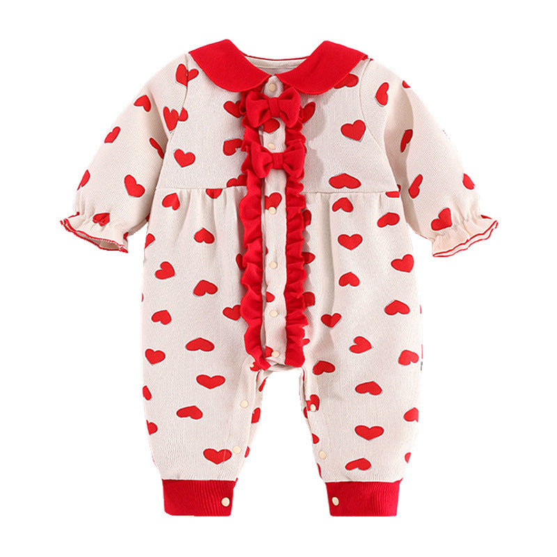 Heart Print Ruffle Bow Sleepsuit – Long Sleeve Princess Romper (0–12M)
