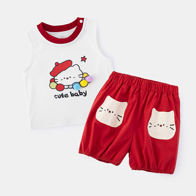 Cute Baby Cat Vest & Red Shorts Set – Sleeveless Two-Piece (3M–2Y)