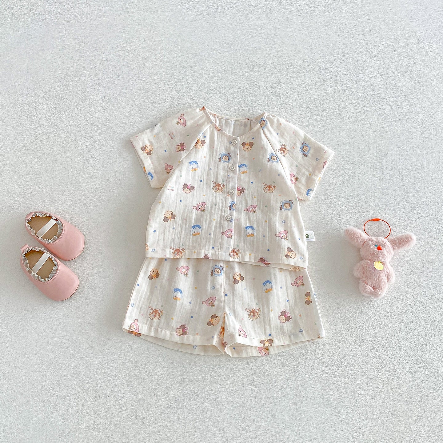 Cartoon Animal Muslin Short Sleeve Set – Button Top & Shorts Two-Piece (3M–2Y)