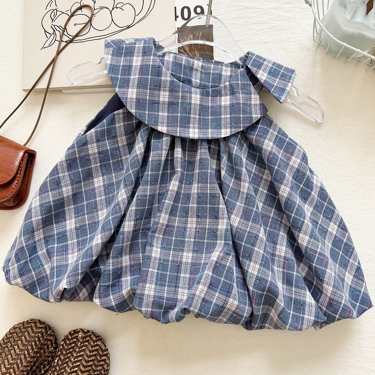 Blau kariertes Kragenoberteil & weiße Shorts Set – Ärmelloser koreanischer Stil (12M–3J)