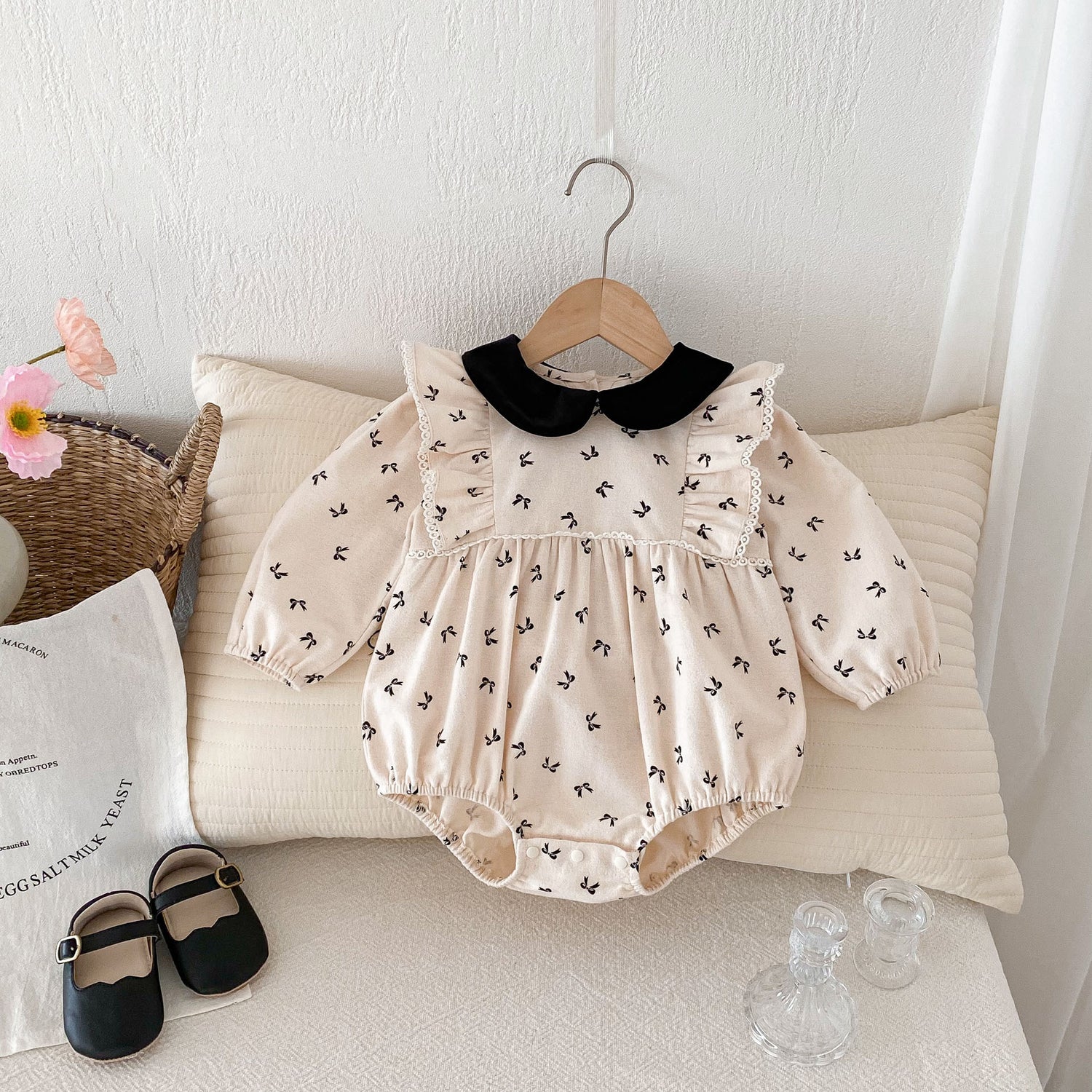 Black Bow Print Peter Pan Collar Romper – Lace Ruffle Long Sleeve Bodysuit (0–18M)