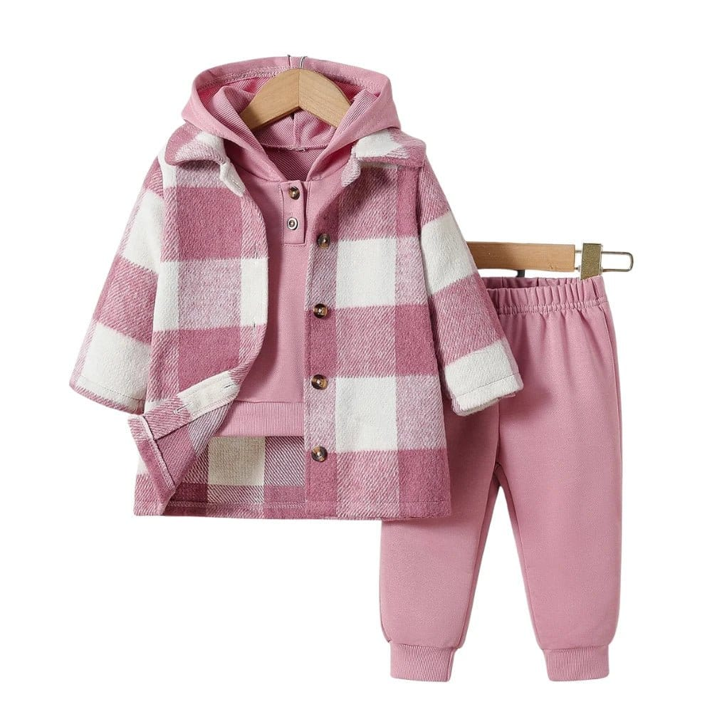 3 - Piece Pink Plaid Baby Girl Outfit – Autumn Streetwear Set (6 - 36M) - Mimou Babywear