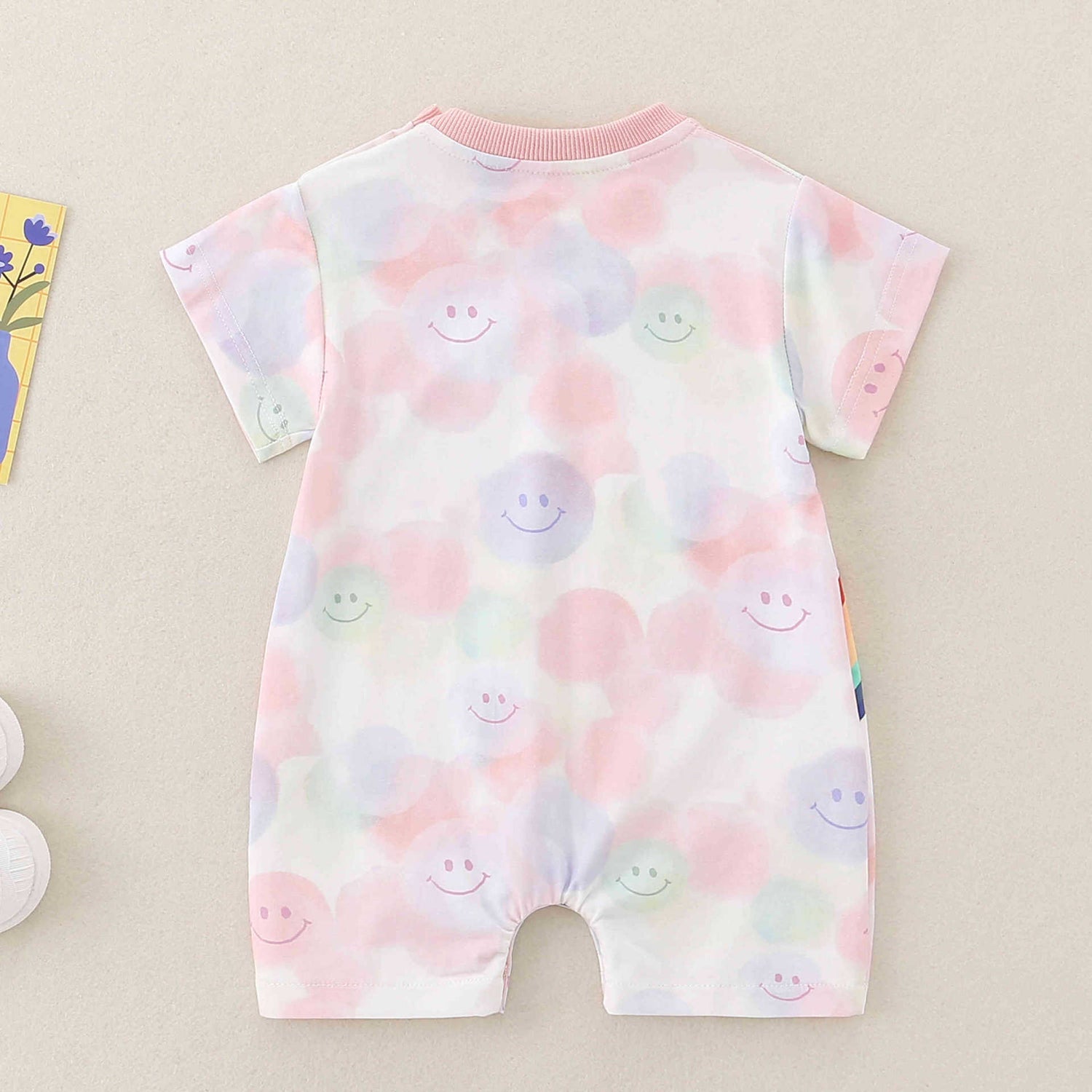 Good Mood Smiley Rainbow Romper – Short Sleeve Snap Bodysuit (0–3Y)