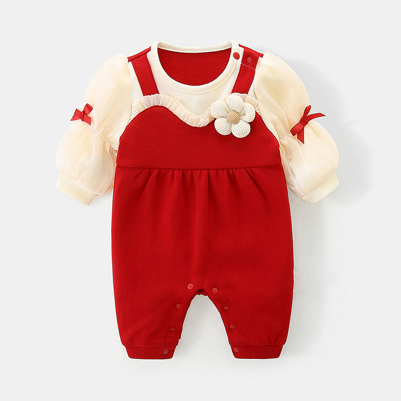 Weinroter Fake-Zweiteiler-Strampler – Blumen-Overall-Bodysuit mit Mesh-Ärmeln (0–12M)
