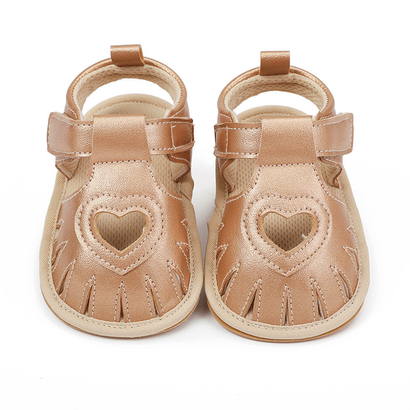 Gold Heart Cutout Tassel Sandals – Soft Sole First Walker Baby Shoes (0–18M)