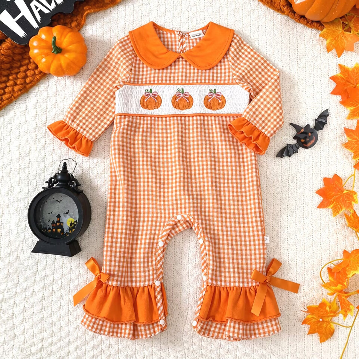 Orange Gingham Pumpkin Smocked Romper (0–18M)