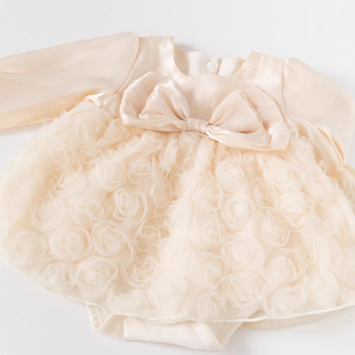 Rosette Tulle Bow Dress – Satin Long Sleeve Baby Girl Romper Dress (0–24M)