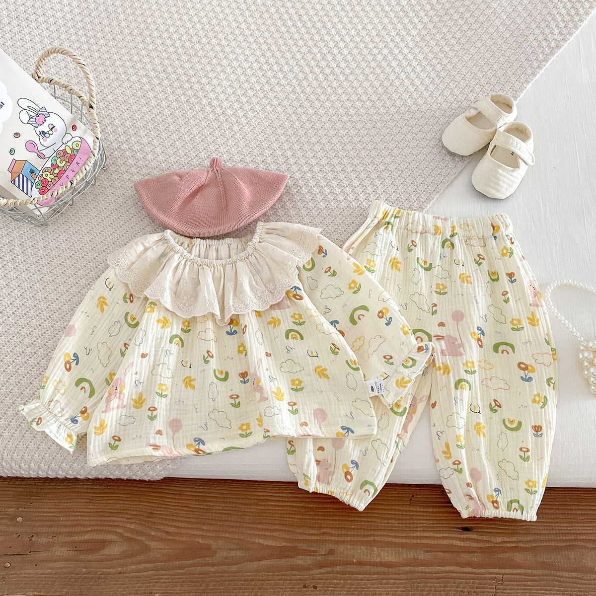 Polka Dot Lace Collar Blouse & Pants Two-Piece Set – Cotton Gauze Baby Girl Outfit (6M–3Y)