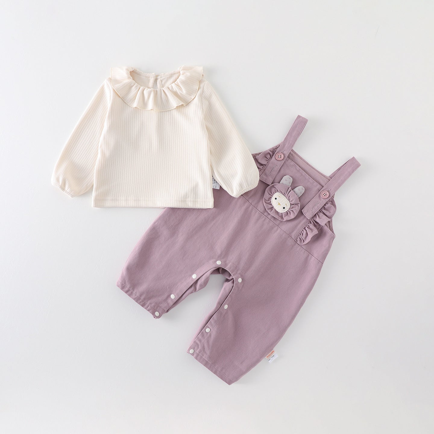 Lavender Bunny Dungaree Set – Ruffle Collar Top & Overalls Two-Piece (3M–2Y)