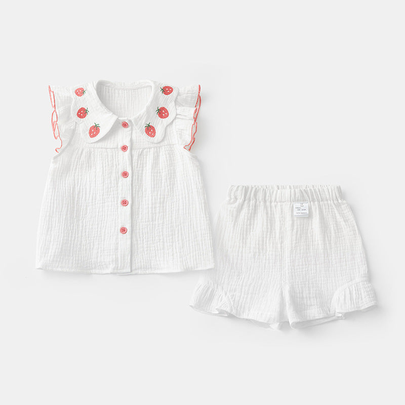 Strawberry Collar Muslin Set – Button Top & Ruffle Bloomer Shorts (3M–3Y)