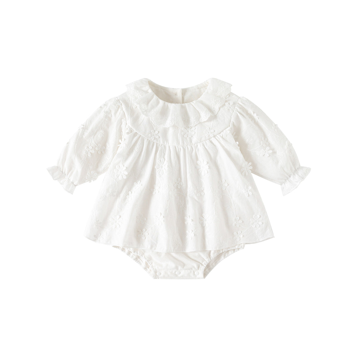 Milk White Embroidered Floral Romper Dress – A-Line Ruffle Collar Baby Girl Outfit (0–24M)