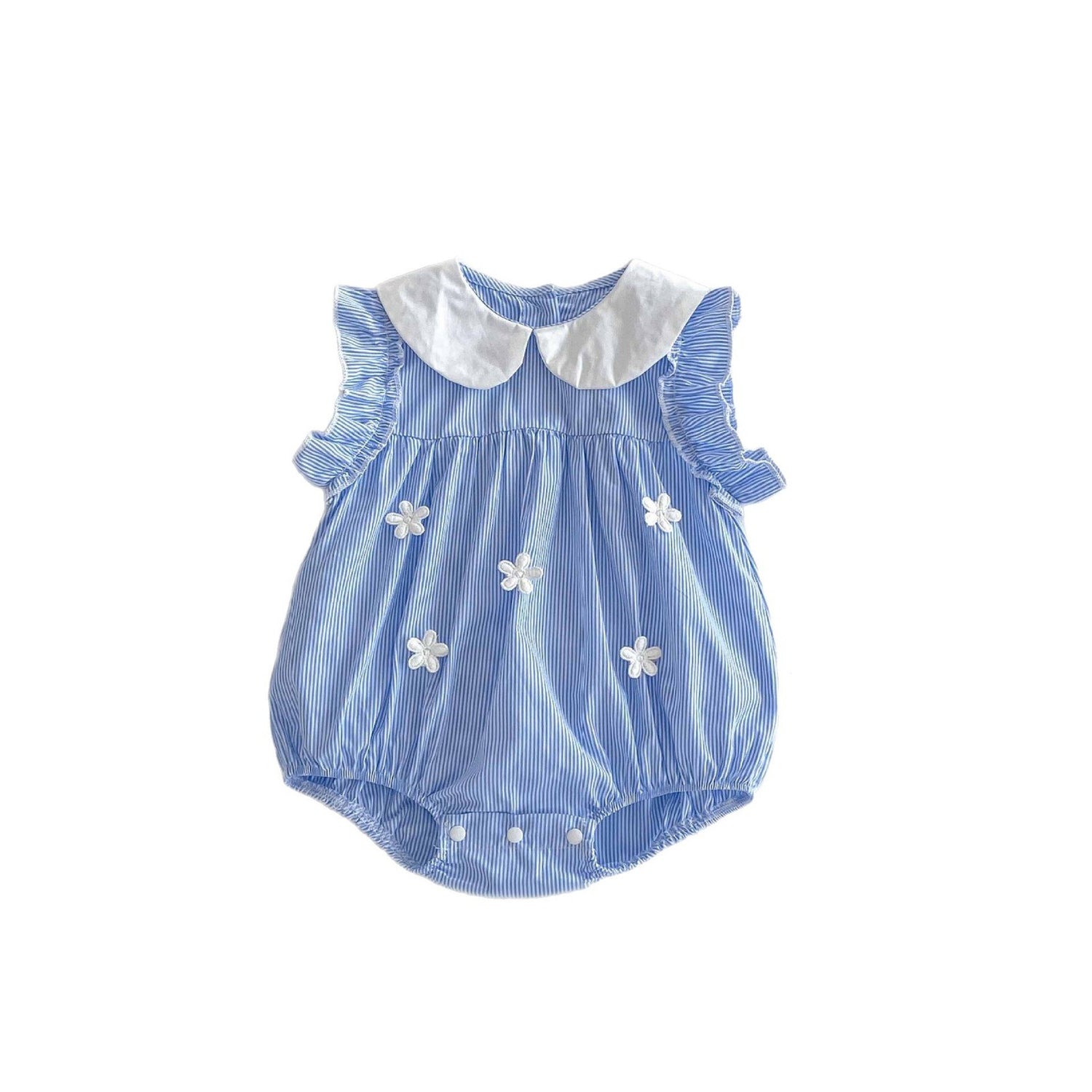Blue Stripe Daisy Bubble Romper – Peter Pan Collar Flutter Sleeve Bodysuit (0–18M)