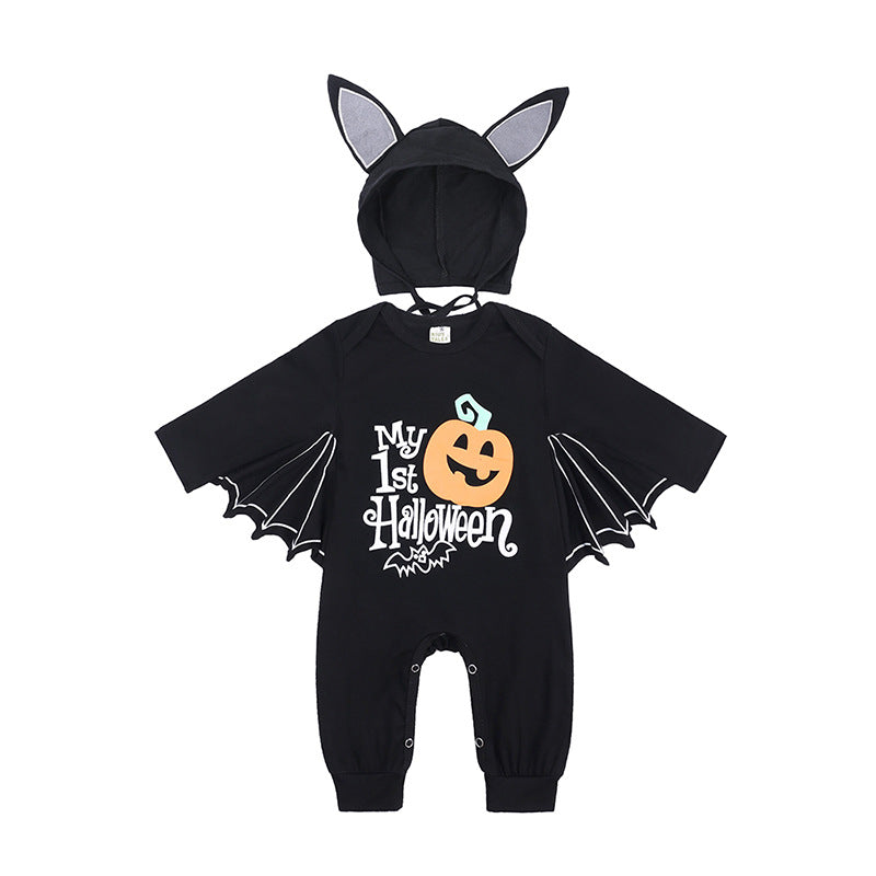 My 1st Halloween Bat Costume Romper with Hood – Black Pumpkin Print (3–24M)