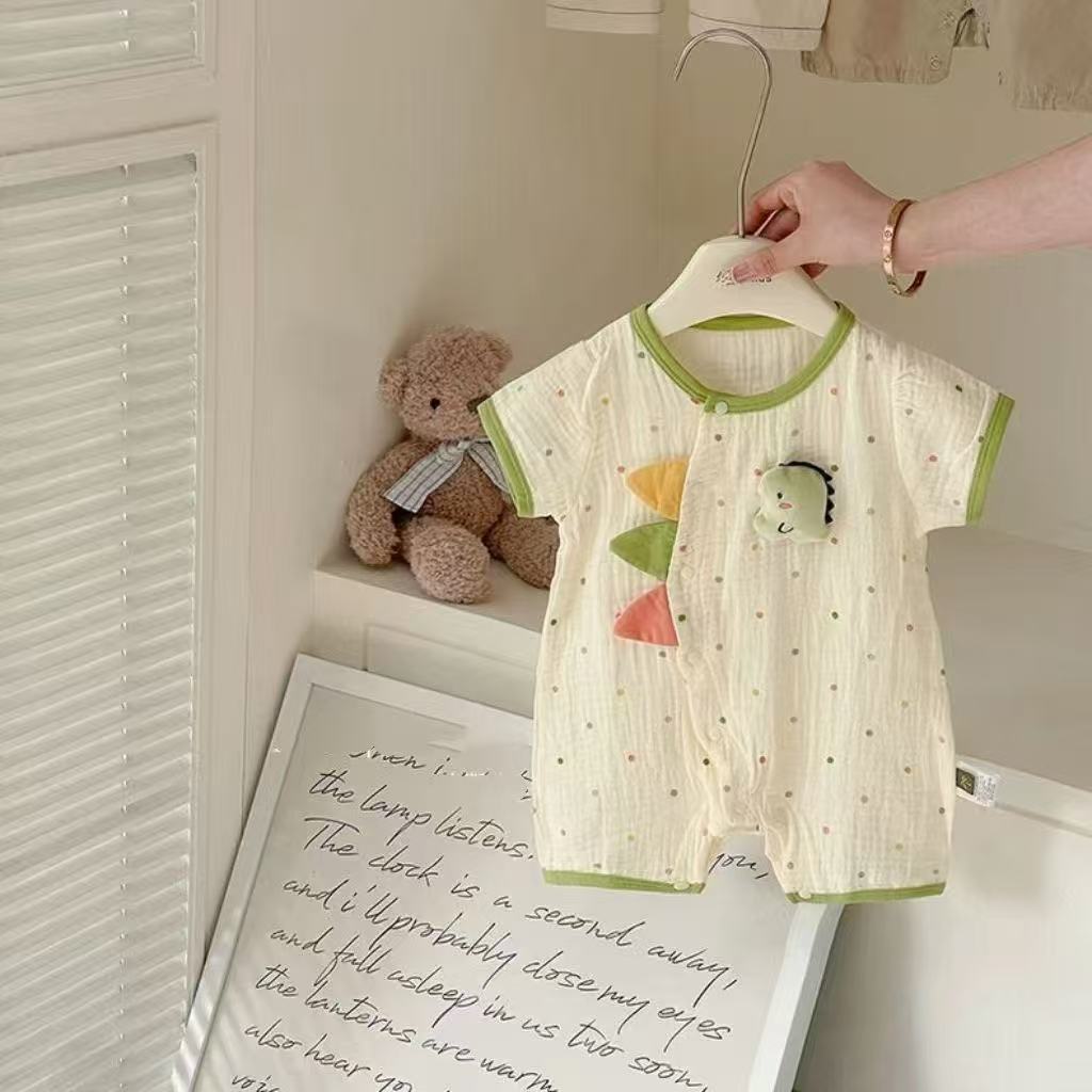 Little Dino Muslin Romper – 3D Dinosaur Short Sleeve Bodysuit (0–18M)    Mimou Babywear