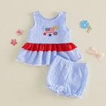 4th of July Baby Girl Outfit – Embroidered Tank Top & Plaid Shorts 2-Piece Set (6–36M)    Mimou Babywear