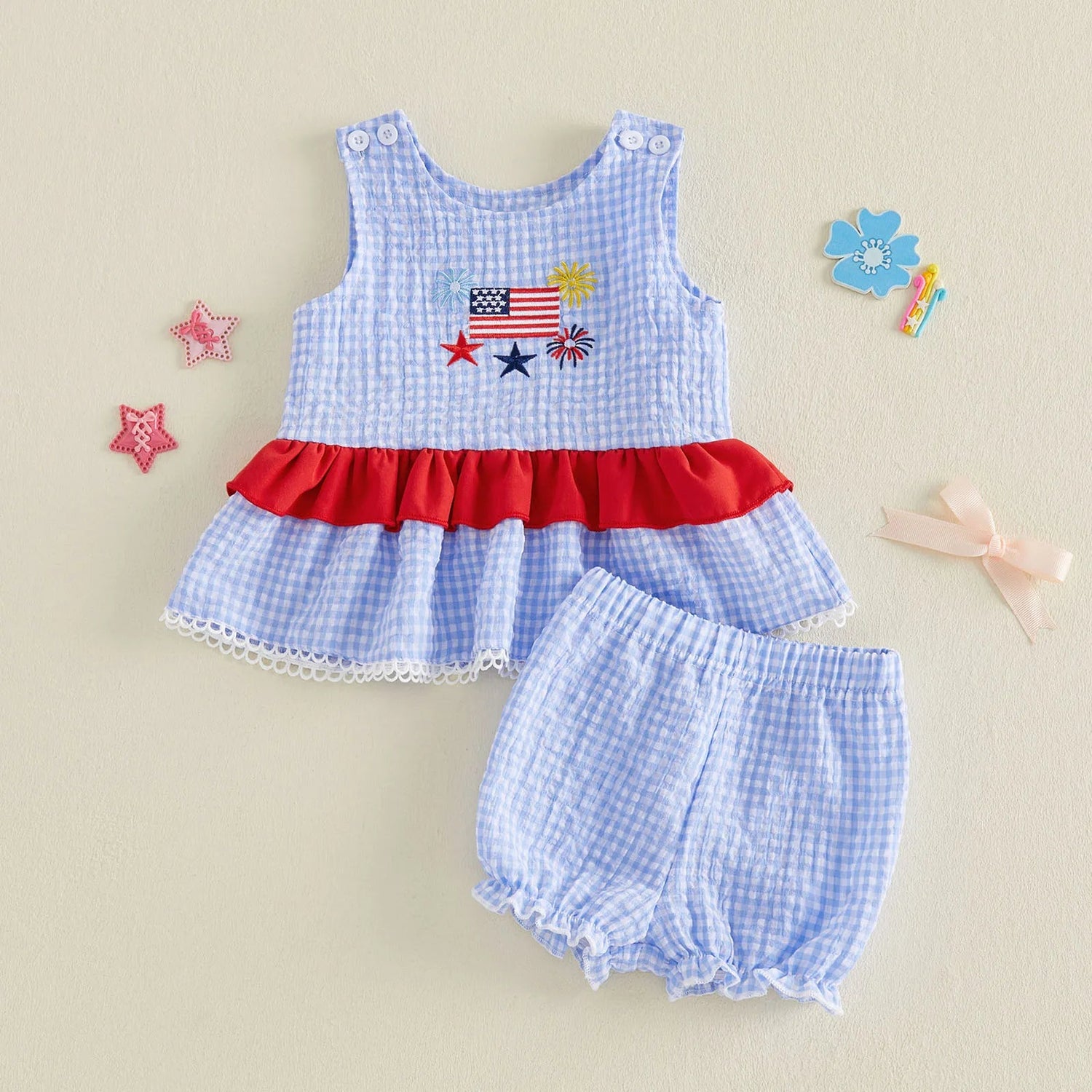 4th of July Baby Girl Outfit – Embroidered Tank Top & Plaid Shorts 2-Piece Set (6–36M)    Mimou Babywear