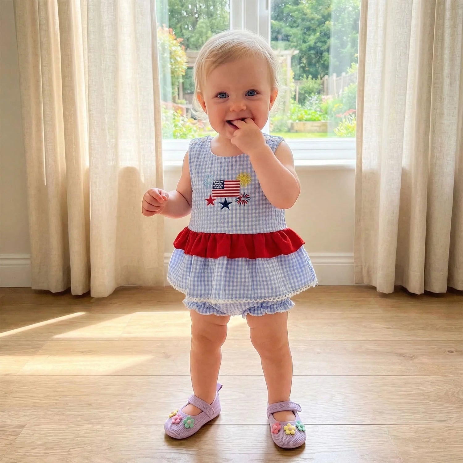 4th of July Baby Girl Outfit – Embroidered Tank Top & Plaid Shorts 2-Piece Set (6–36M)    Mimou Babywear