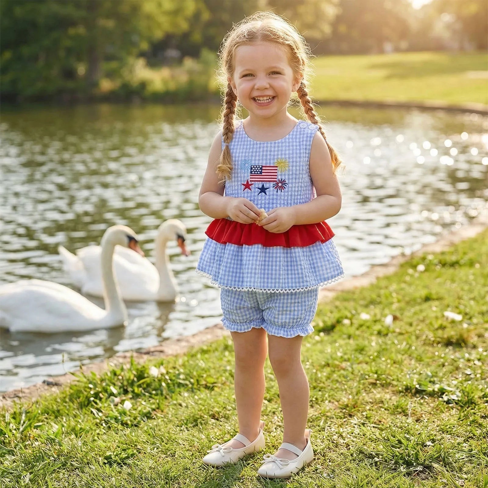 4th of July Baby Girl Outfit – Embroidered Tank Top & Plaid Shorts 2-Piece Set (6–36M)    Mimou Babywear
