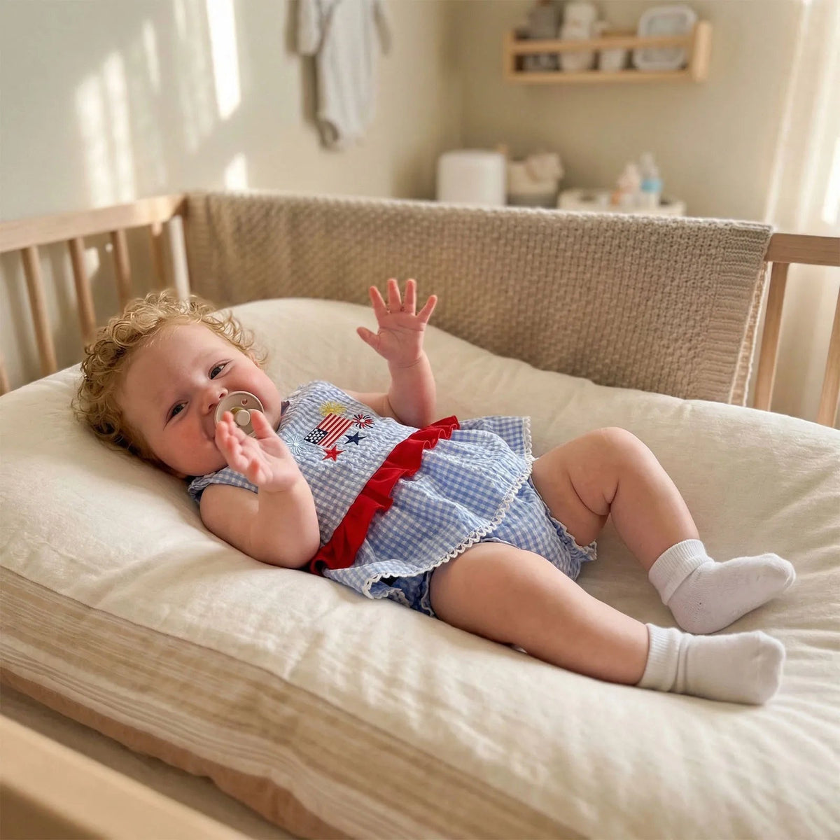 4th of July Baby Girl Outfit – Embroidered Tank Top & Plaid Shorts 2-Piece Set (6–36M)    Mimou Babywear