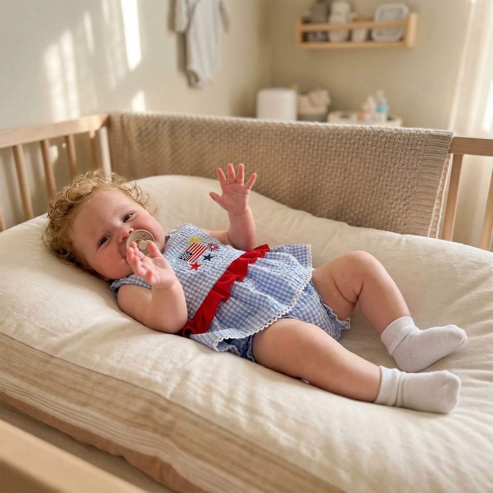 4th of July Baby Girl Outfit – Embroidered Tank Top & Plaid Shorts 2-Piece Set (6–36M)    Mimou Babywear