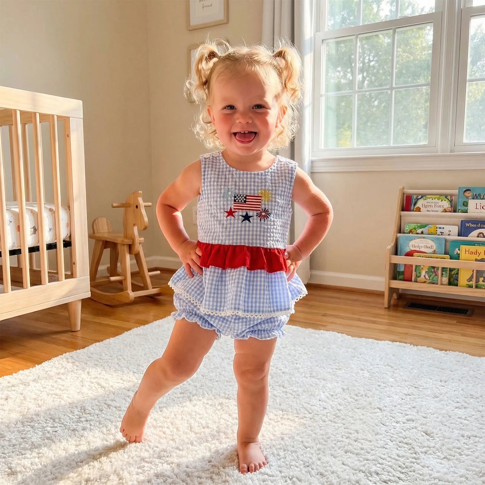 4th of July Baby Girl Outfit – Embroidered Tank Top & Plaid Shorts 2-Piece Set (6–36M)    Mimou Babywear