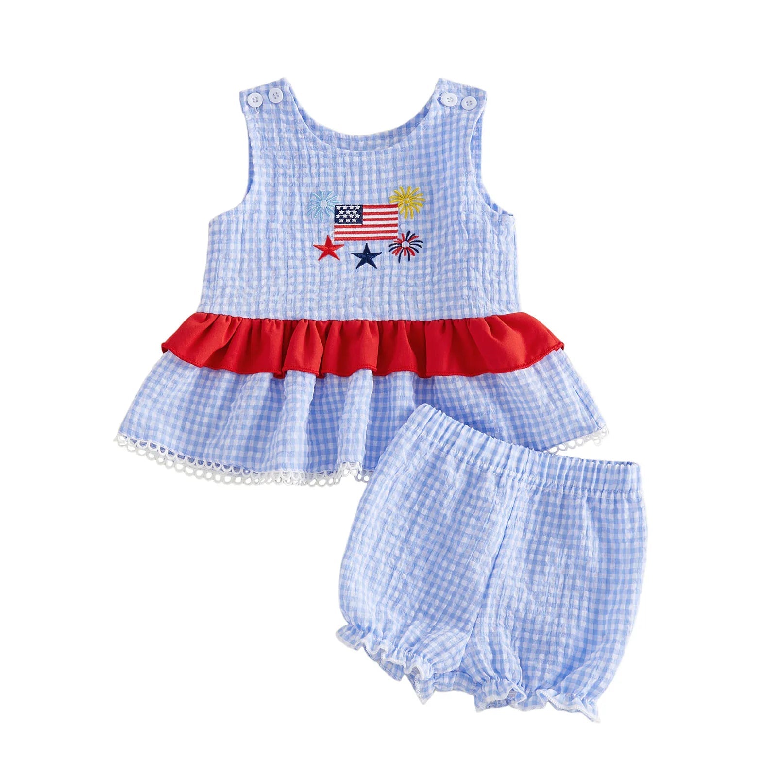 4th of July Baby Girl Outfit – Embroidered Tank Top & Plaid Shorts Blue / 12-18M