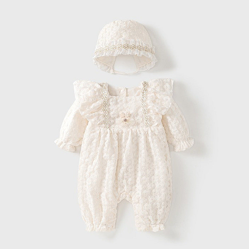 Elfenbeinfarbenes Spitzenblumen-Strampler- und Häubchen-Set – Prinzessinnen-Bodysuit mit Flügelärmeln (0–12M)