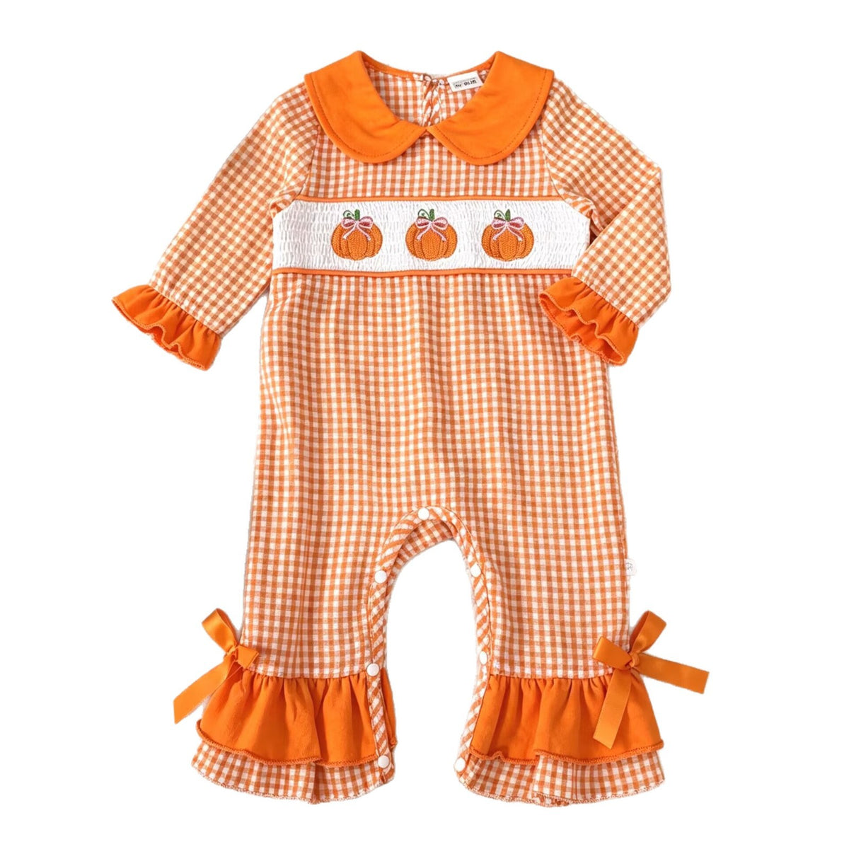 Orange Gingham Pumpkin Smocked Romper (0–18M)