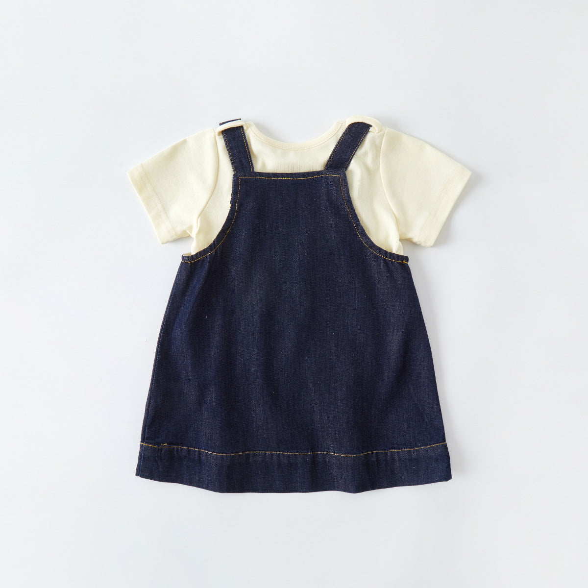 Denim Heart Patch Overall Dress & Ivory Tee Two-Piece Set