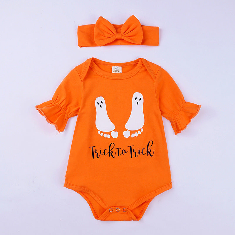 Ghost Footprint Halloween Romper & Bow Headband Set – Orange Ruffle Sleeve (0–12M)