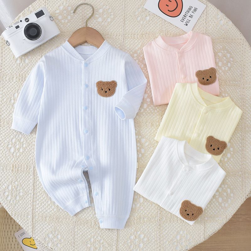 Pink Ribbed Bear Patch Romper – Long Sleeve Snap Bodysuit (0–24M)