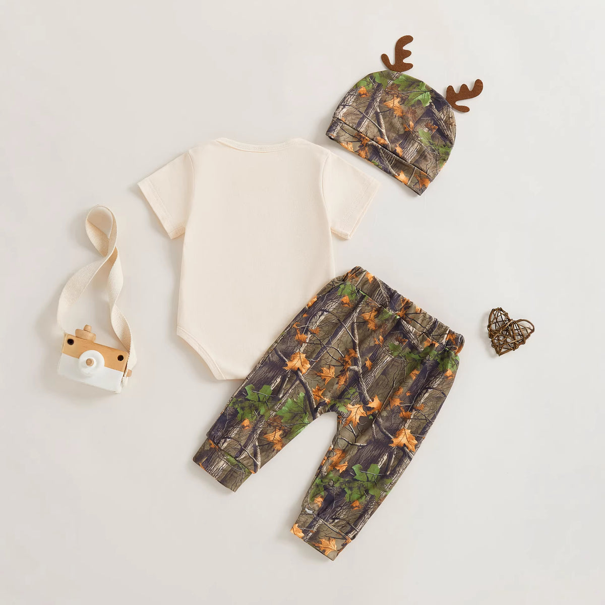 Newest Hunting Buddy 3-Piece Set – Camo Romper, Pants & Antler Hat (0–18M)