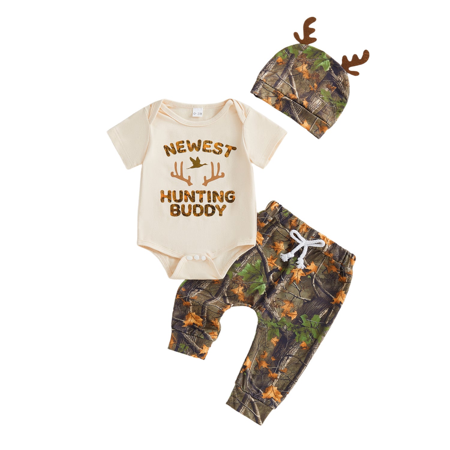 Newest Hunting Buddy 3-Piece Set – Camo Romper, Pants & Antler Hat (0–18M)