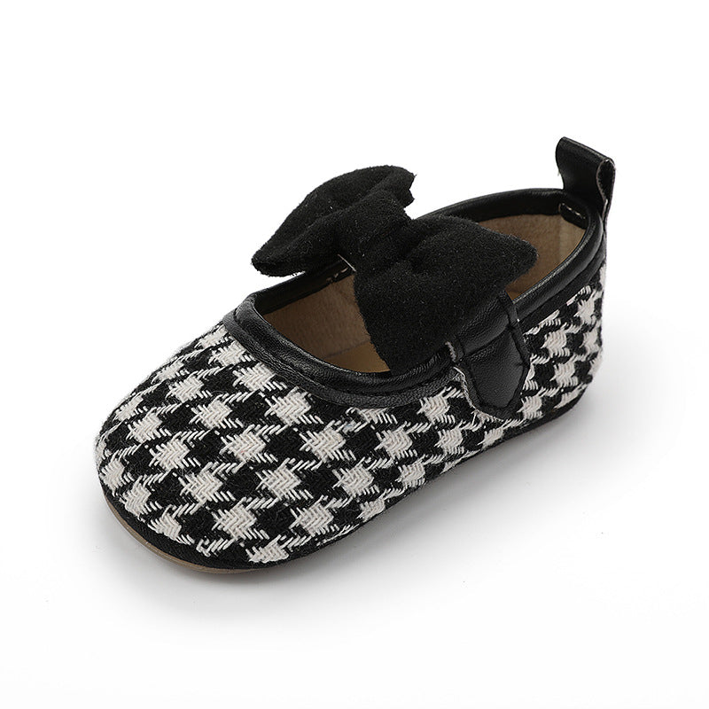 Houndstooth Bow Mary Jane Shoes – Non-Slip Rubber Sole First Walker Shoes (0–18M)