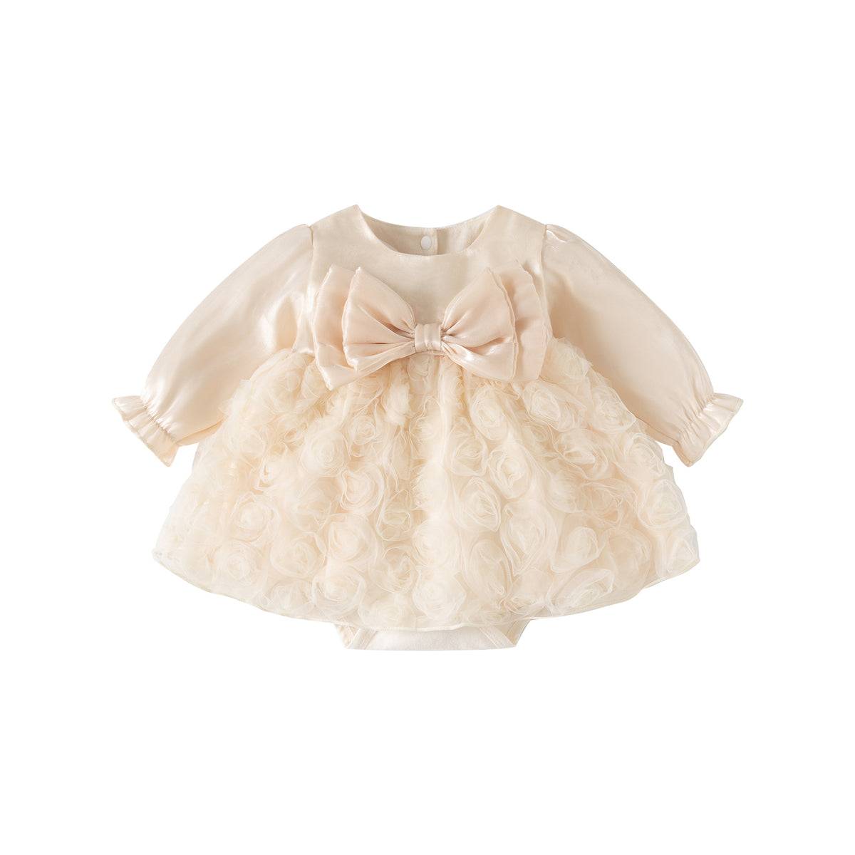 Rosette Tulle Bow Dress – Satin Long Sleeve Baby Girl Romper Dress (0–24M)
