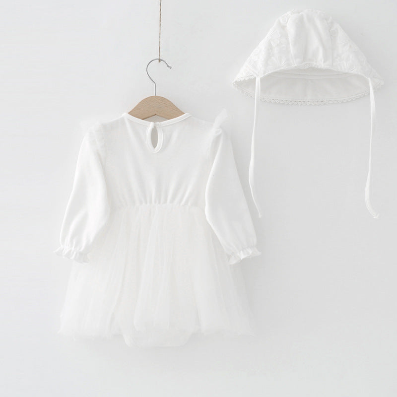 White Lace Tulle Princess Dress & Bonnet Set – Peter Pan Collar Long Sleeve (2–12M)