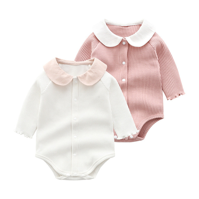 Contrast Peter Pan Collar Ribbed Bodysuit – Long Sleeve Button Baby Romper (0–12M)