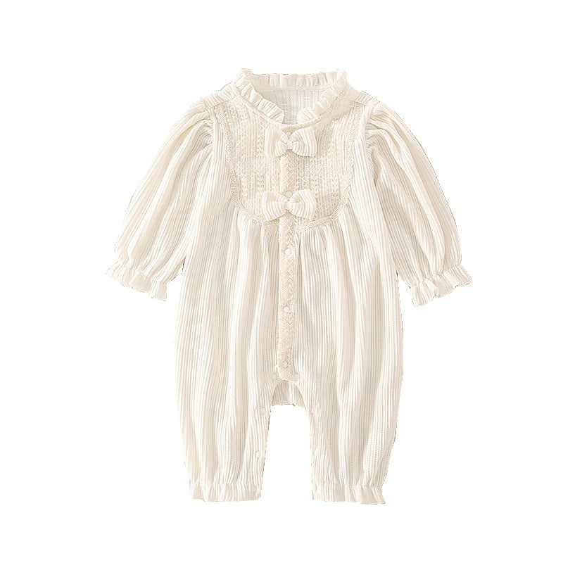 Ivory Ruffle Collar Bow Romper – Lace Bib Striped Long Sleeve Bodysuit (0–12M)