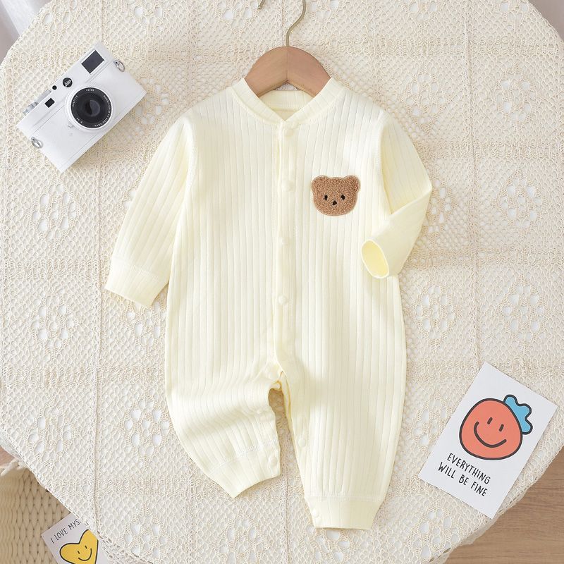 Pink Ribbed Bear Patch Romper – Long Sleeve Snap Bodysuit (0–24M)