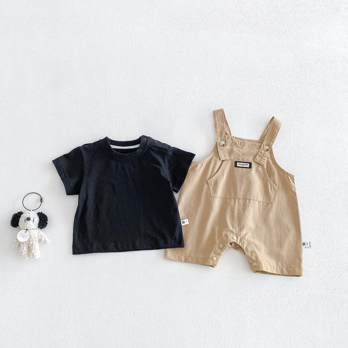 Khaki Short Overalls & Black Tee Set – Lightweight Cotton Two-Piece Baby Boy Outfit (0–24M)