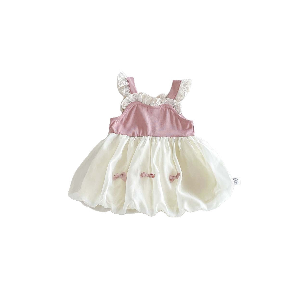 Barboteuse-robe bouffante rose et crème en dentelle – nœud en satin, jupe en tulle et body (3 mois–3 ans)