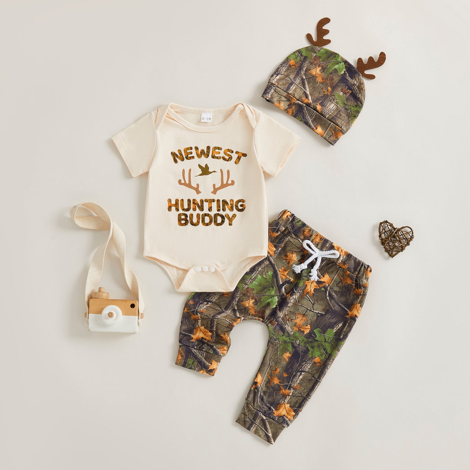 Newest Hunting Buddy 3-Piece Set – Camo Romper, Pants & Antler Hat (0–18M)